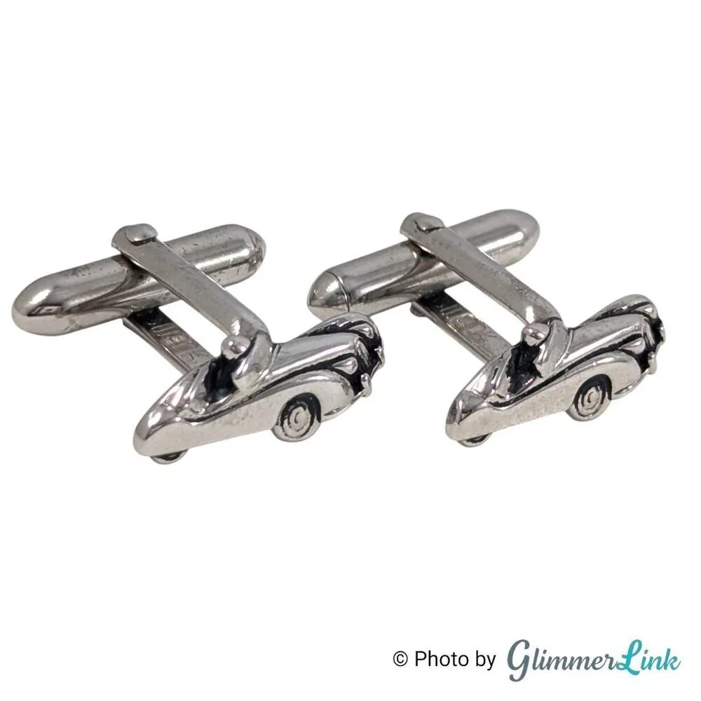 Swank Vintage Silver Tone Car Cufflinks and Tie Bar Set Automobile Design, 1960s